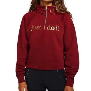 NIKE Deep‎ Red Sportswear Shine Funnel Neck Half Zip Crop Pullover Sweatshirt L